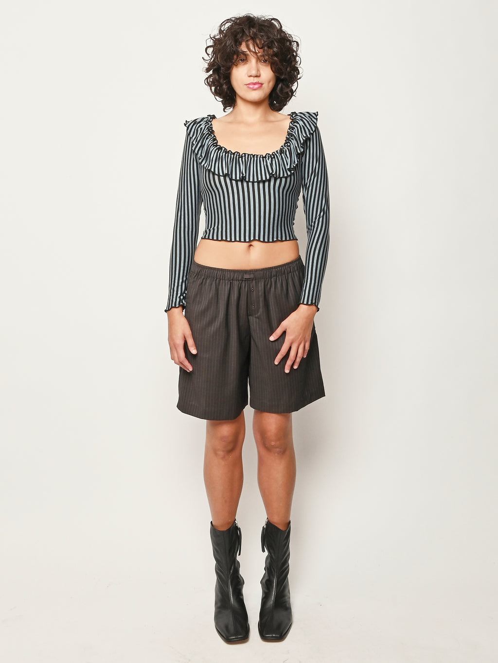 Fashion Brand Company - Blue Stripe Ruffled Scoop Neck L/S Top