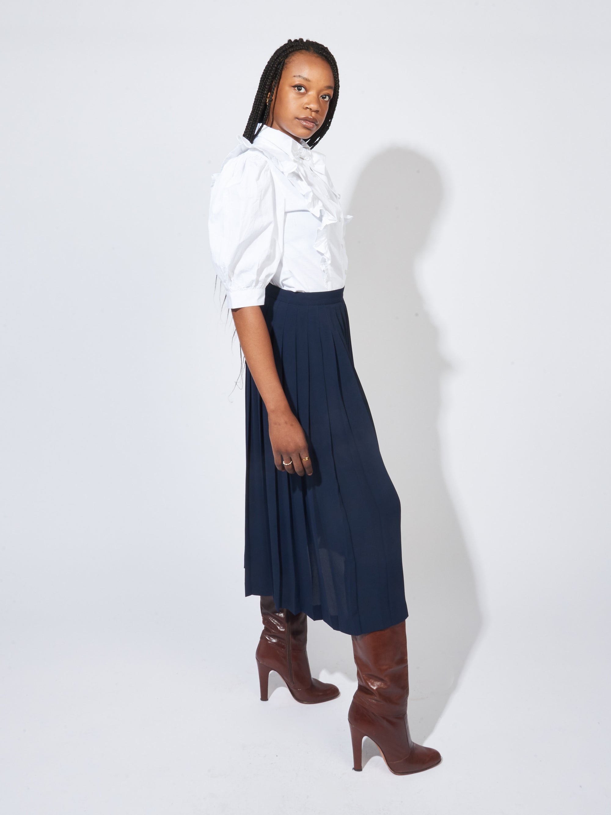 Midi Pleated Skirt in Navy Print | Skirts | Carraig Donn