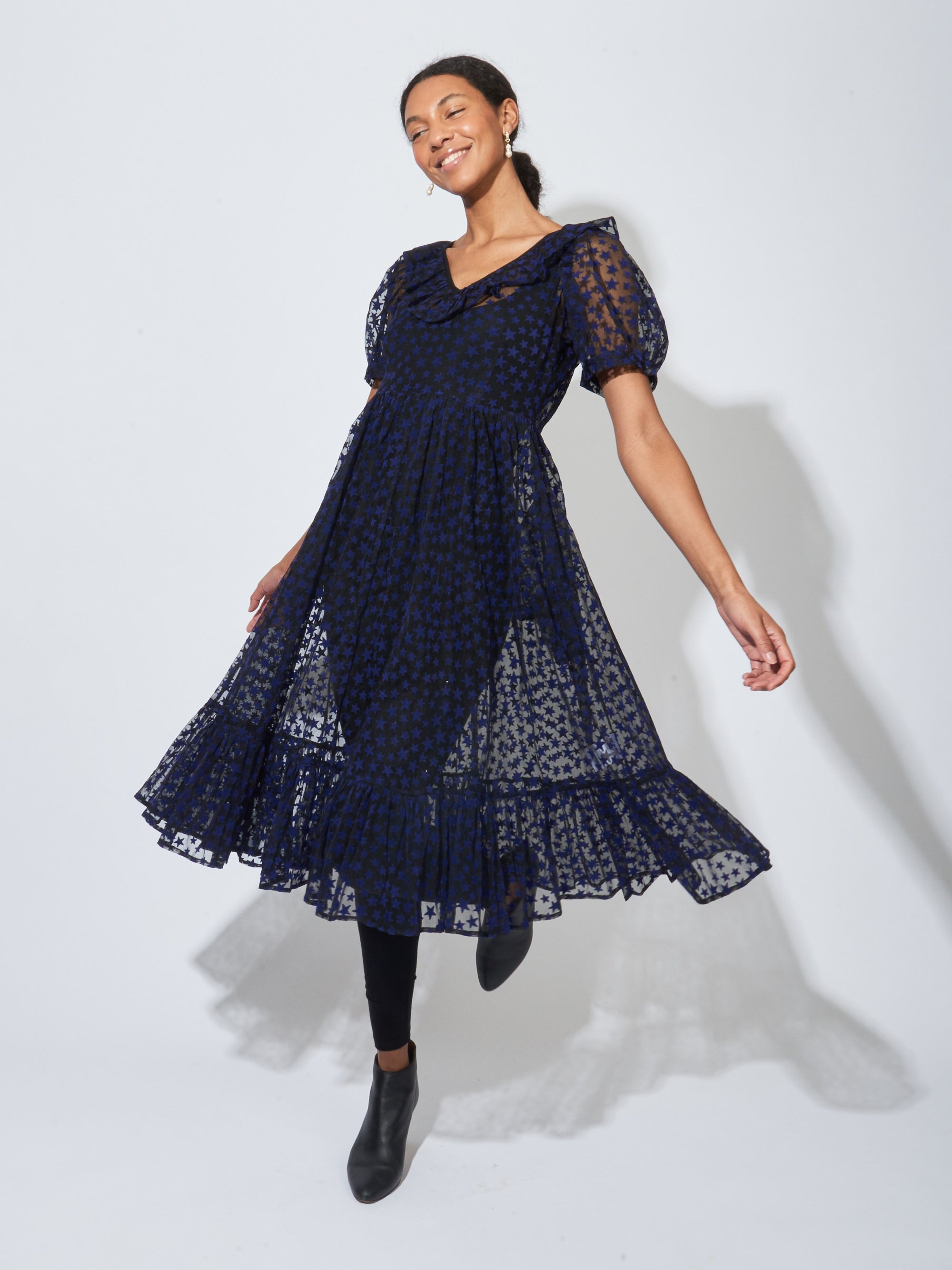 Batsheva - Midnight Blue Flocked Star Ruffle May Dress – Frances May
