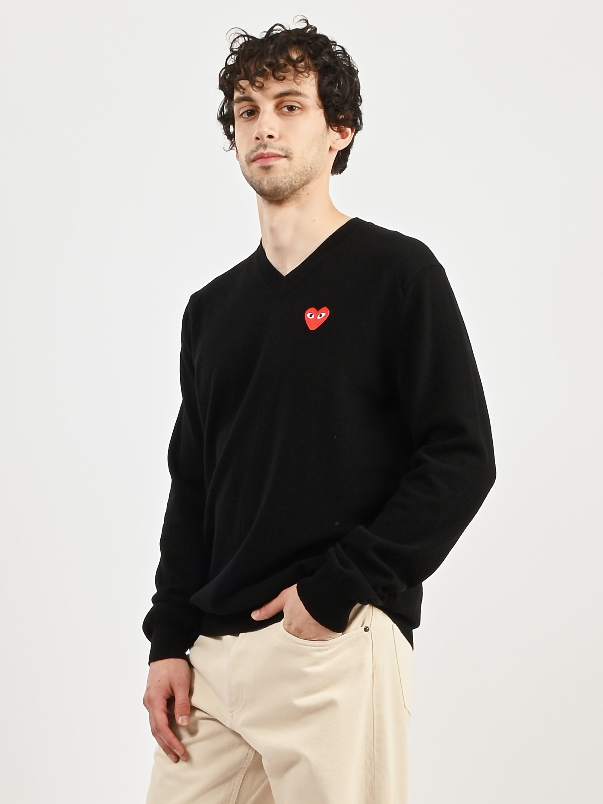 Comme Des Garçons PLAY Black Red Heart Play V-Neck Pullover