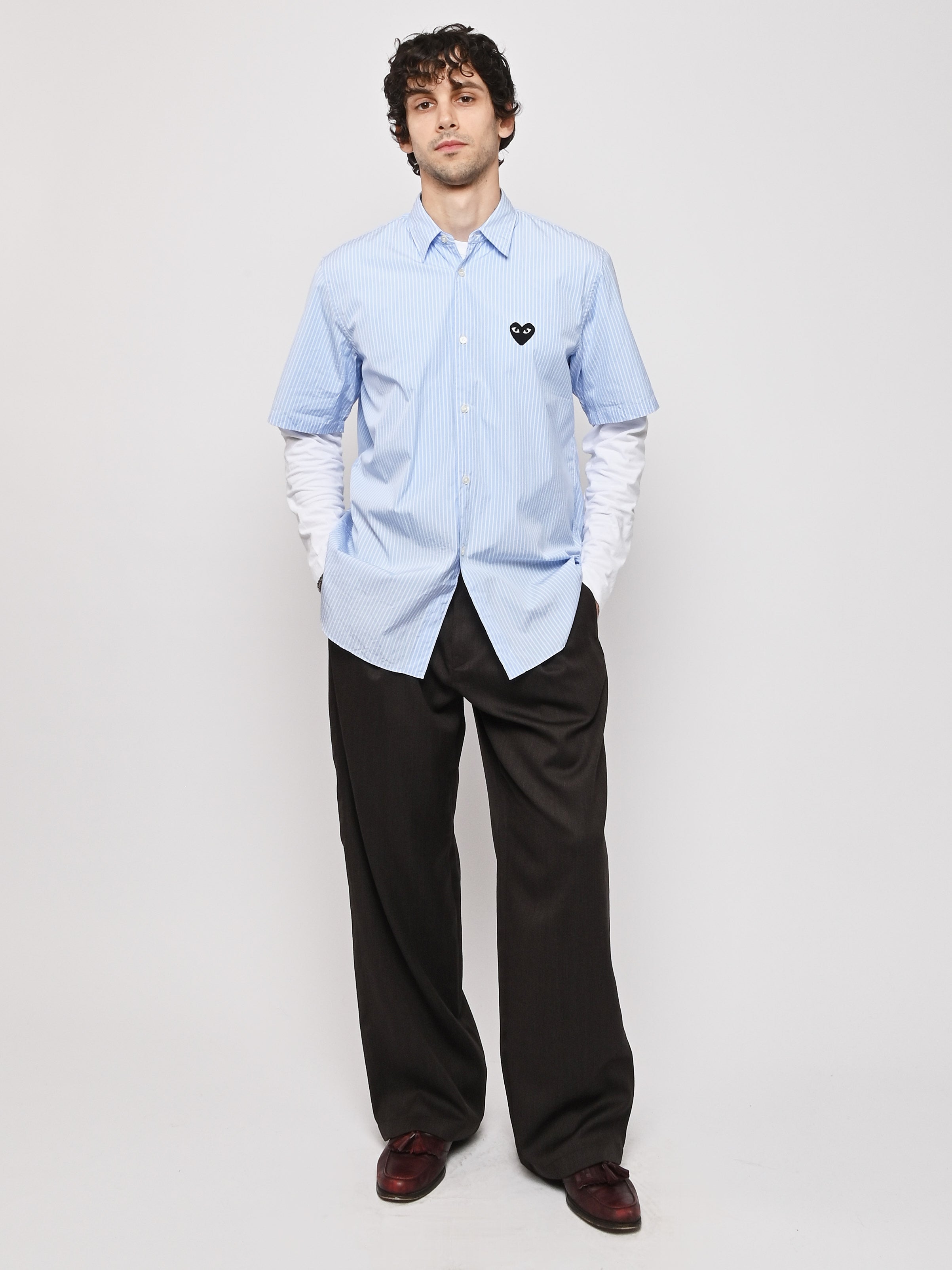 Comme Des Garçons PLAY - Light Blue/Black Heart Striped S/S Shirt