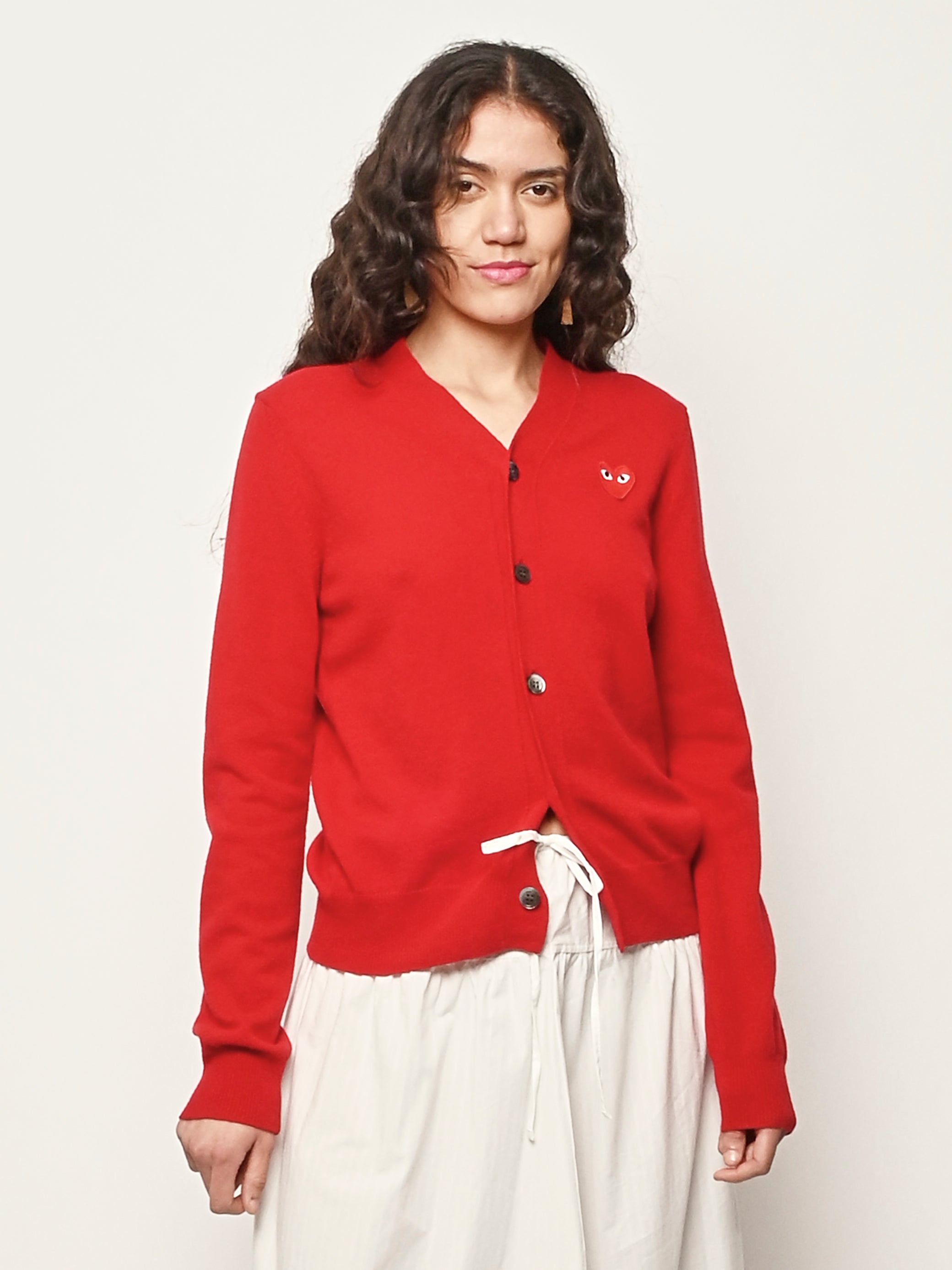 Comme Des Garçons PLAY - Red W/Red Emblem Knit V-Neck Cardigan