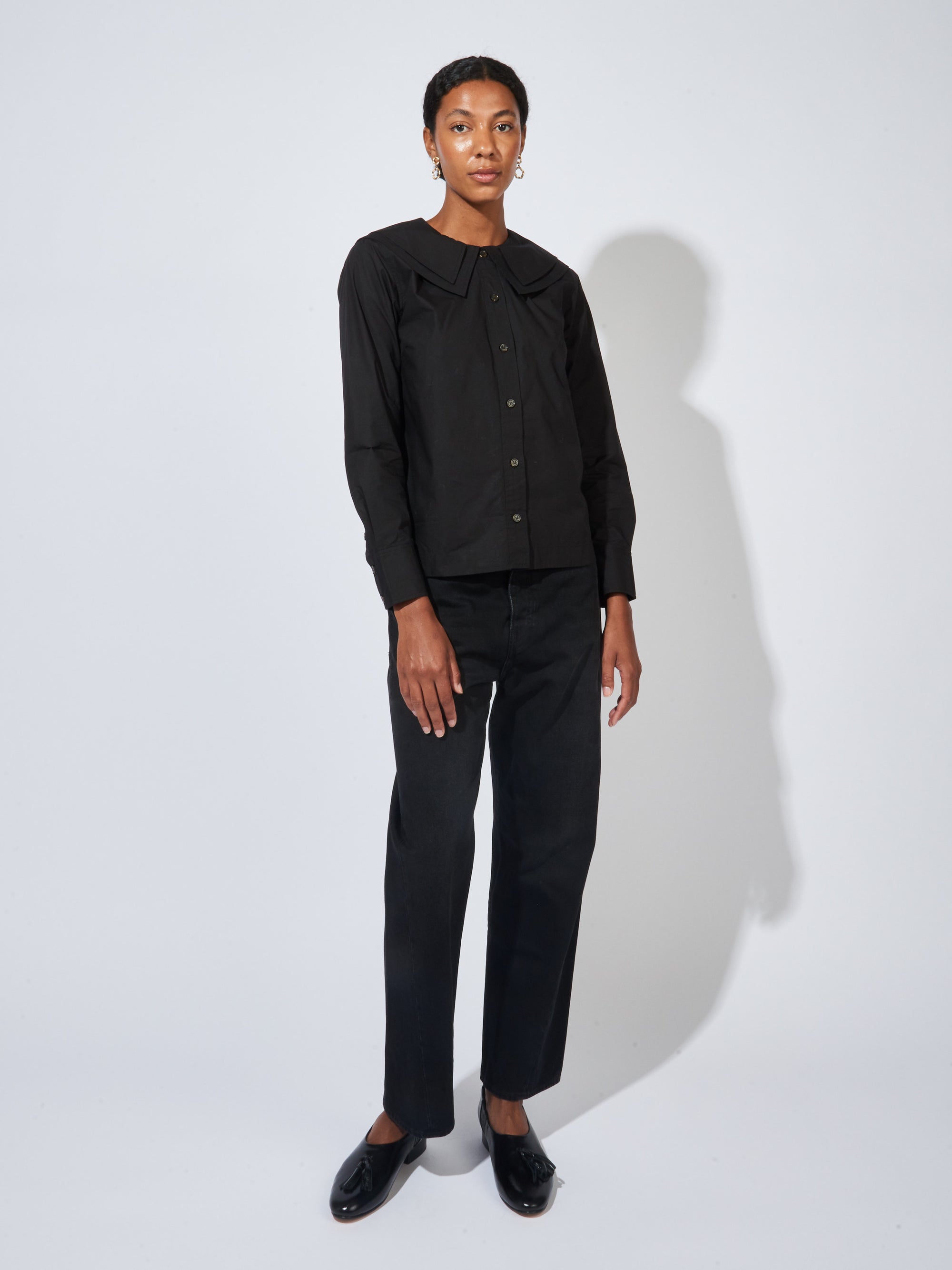 Ganni - Black Cotton Poplin Double-Collar Shirt – Frances May