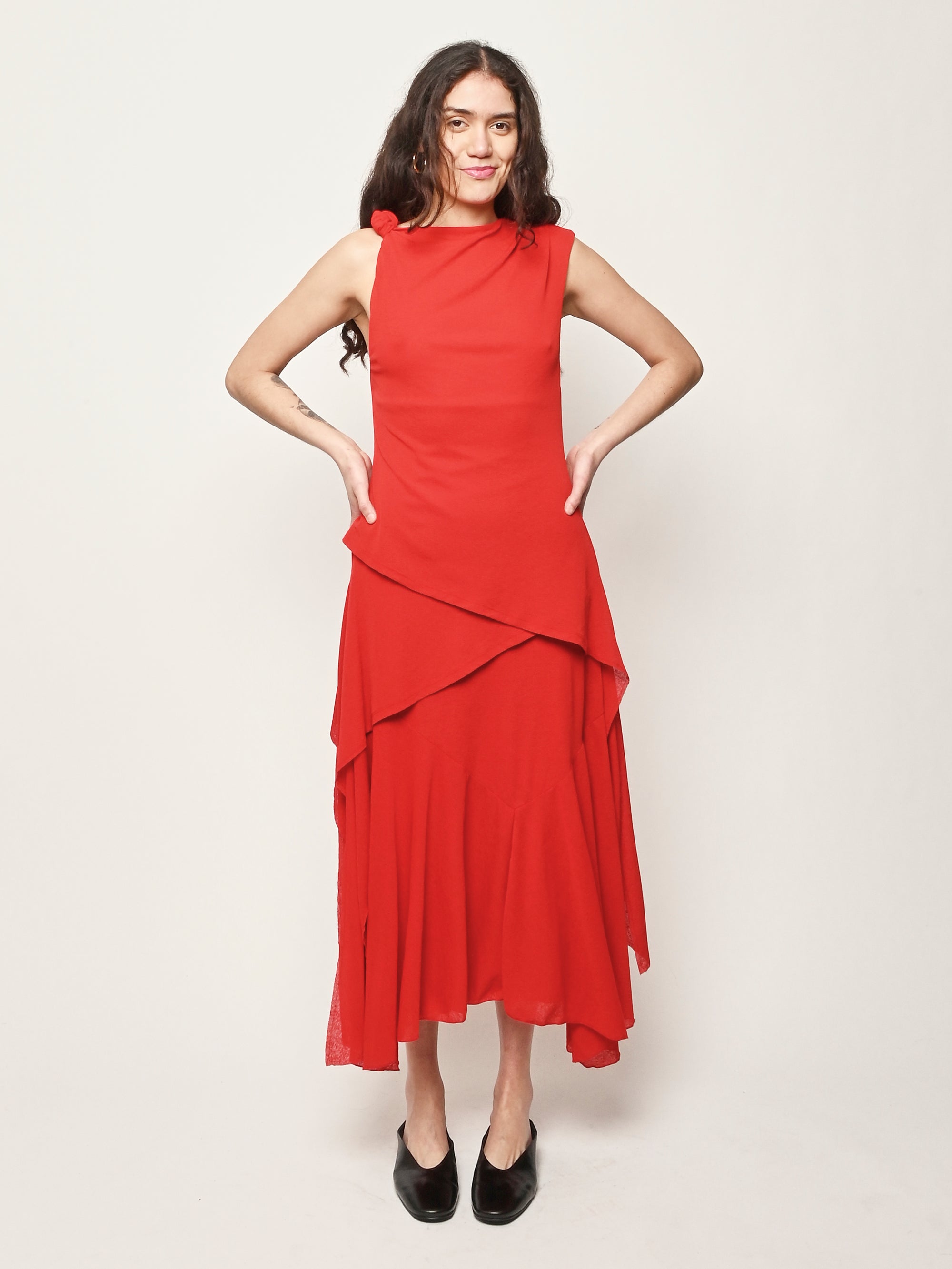 Ganni Women's Marl Mesh Draped Knot Detailing Long Dress, Goji Berry (Red), Size - 36 Ganni Women's Marl Mesh Draped Knot Detailing Long Dress, Goji Berry (Red), Size - 36