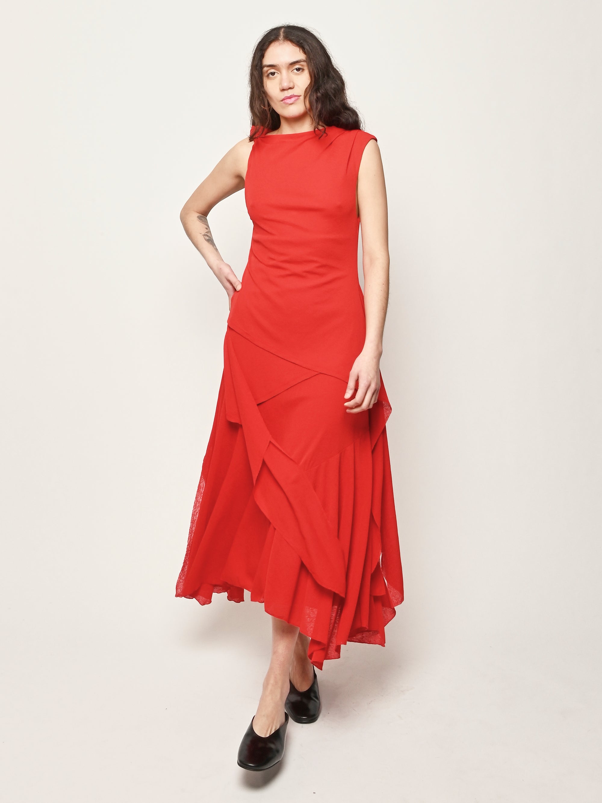 Goji Berry Marl Mesh Draped Knot Detailing Long Dress Goji Berry Marl Mesh Draped Knot Detailing Long Dress