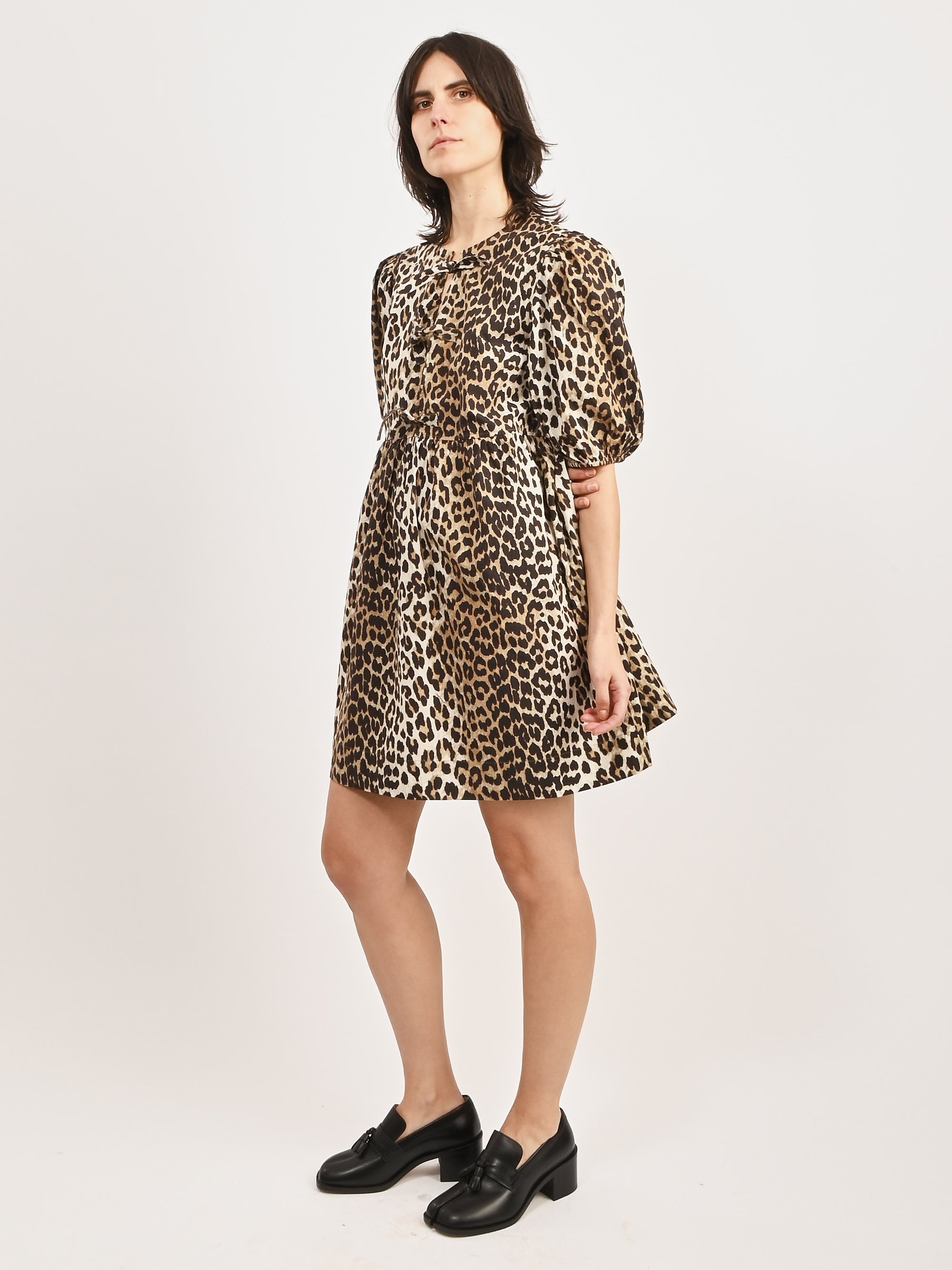 Ganni Leopard Printed Cotton Tie String Mini Dress – Frances May