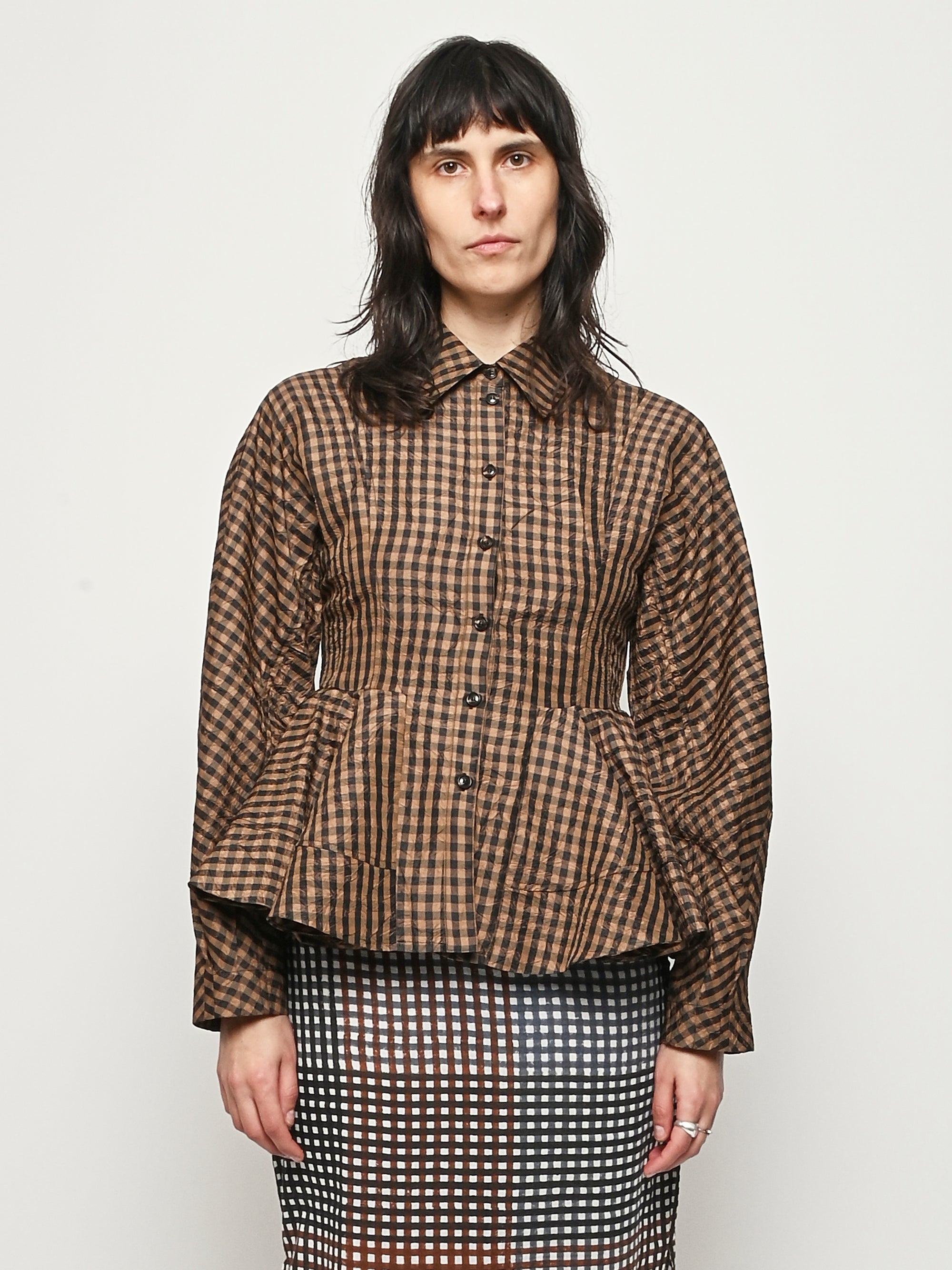 Ganni - Tobacco Brown Crinkled Taffeta Check Peplum Shirt Frances May Ganni - Tobacco Brown Crinkled Taffeta Check Peplum Shirt Frances May