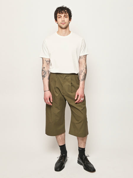 Monitaly - Olive Vancloth Oxford Triple Tuck Wide Half Pants