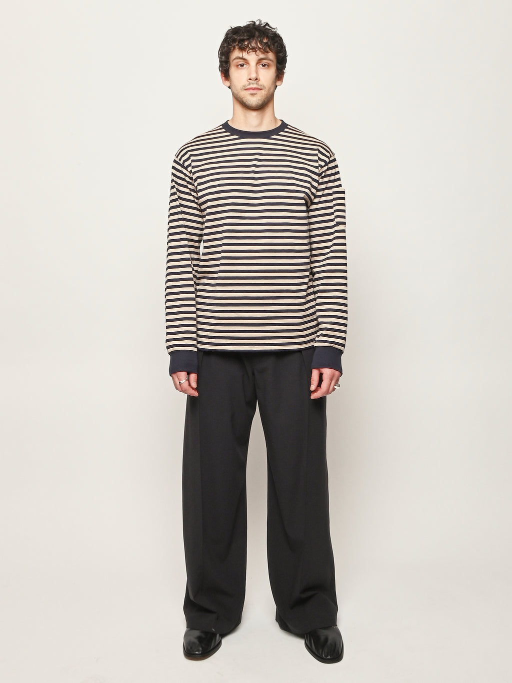 Needles - Navy/Beige Cotton Stripe Jersey L/S Crew Neck Tee