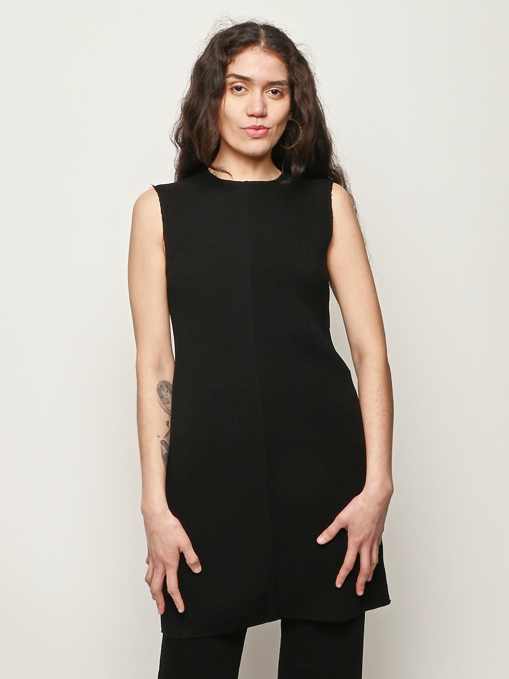 Viscose Plisse Sleeveless Bias Short Tunic Dress in Black Viscose Plisse Sleeveless Bias Short Tunic Dress in Black