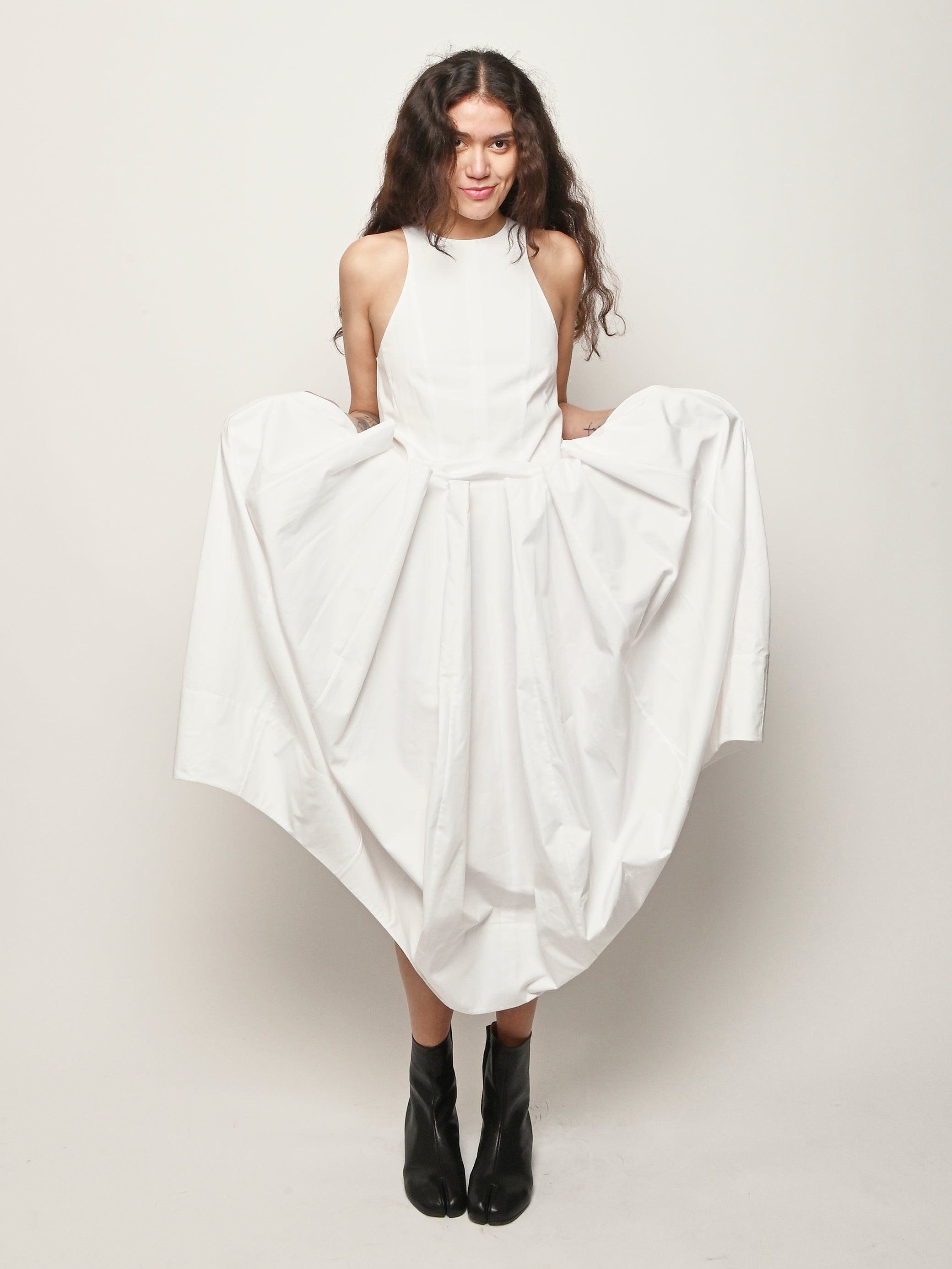 Tibi - White Compact Eco Poplin Pinched Pleat Dress – Frances May